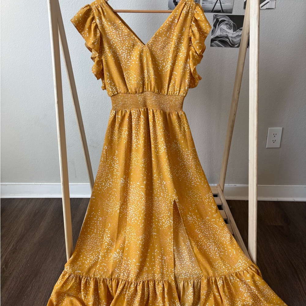 Express Yellow Floral Midi Dress with Ruffle Details